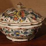 Antique French Faience Lidded Bowl Tureen Hand Painted with Flowers and Insects