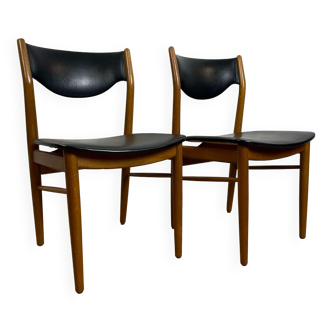 Lot de 2 chaises scandinave en chêne massif et skaï noir, années 60