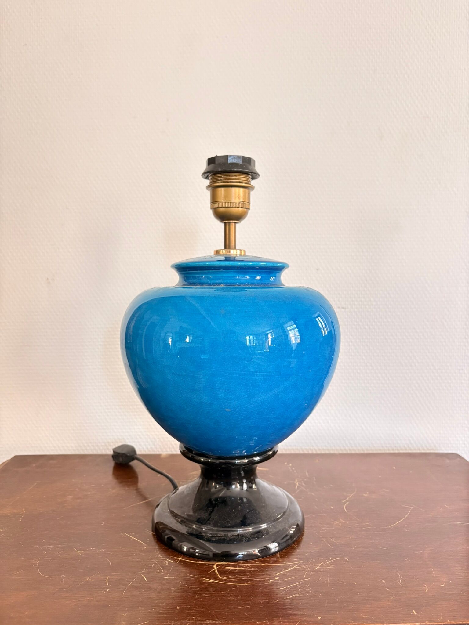 Antique Blue Glazed Ceramic Baluster Lamp Italy