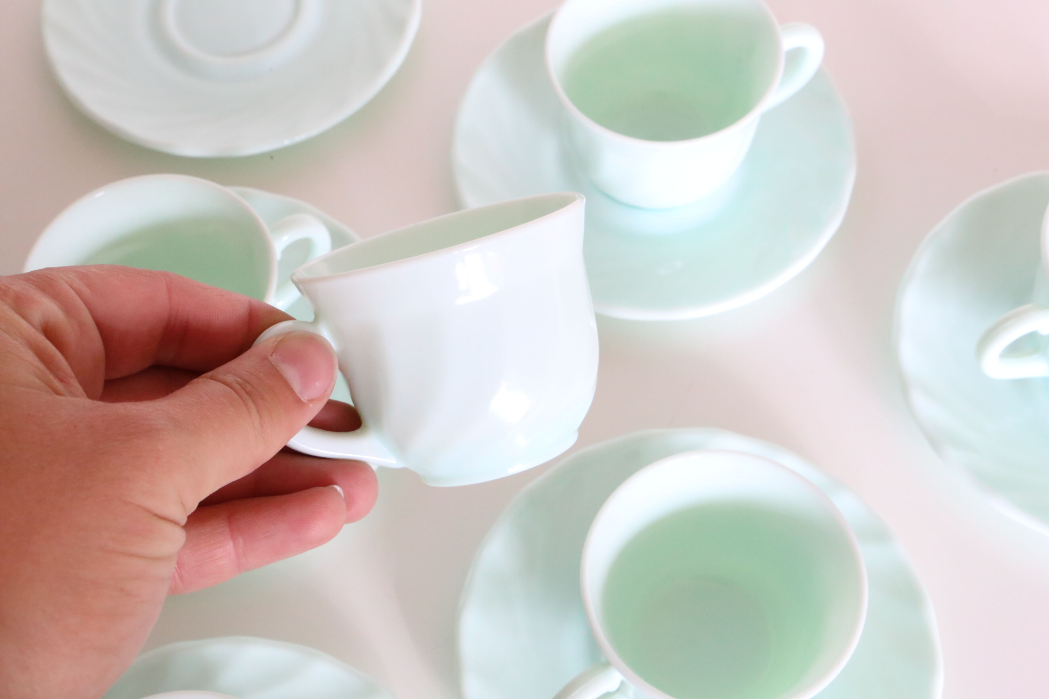 6 cups set and under cups in water green opaline