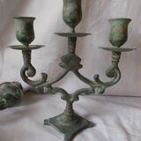 Pair of metal candlesticks patina green grey
