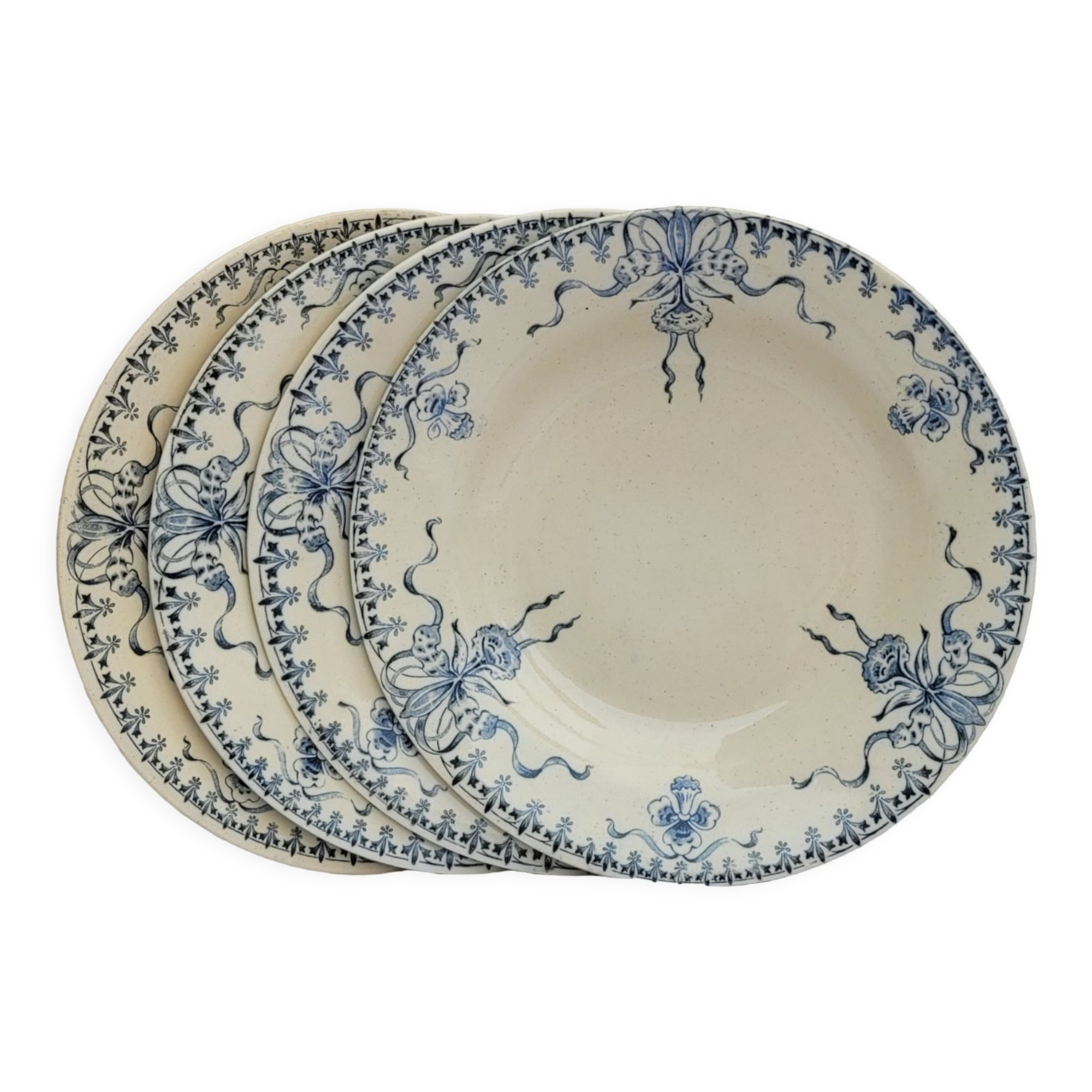 Set of 4 hollow aasiettes model Venice Opaque porcelain of Gien iron earth blue floral decoration