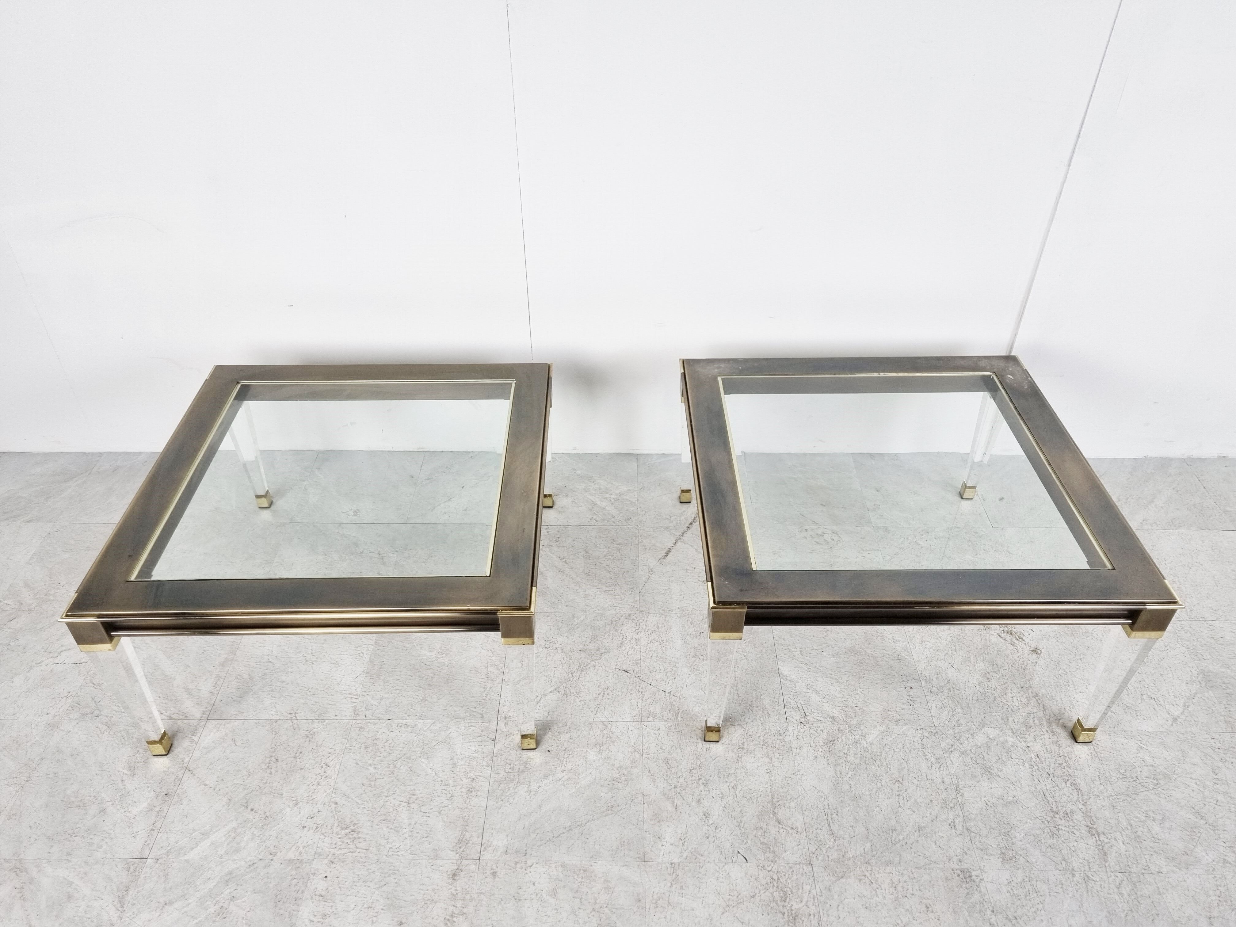 Vintage lucite and brass side tables, 1980s