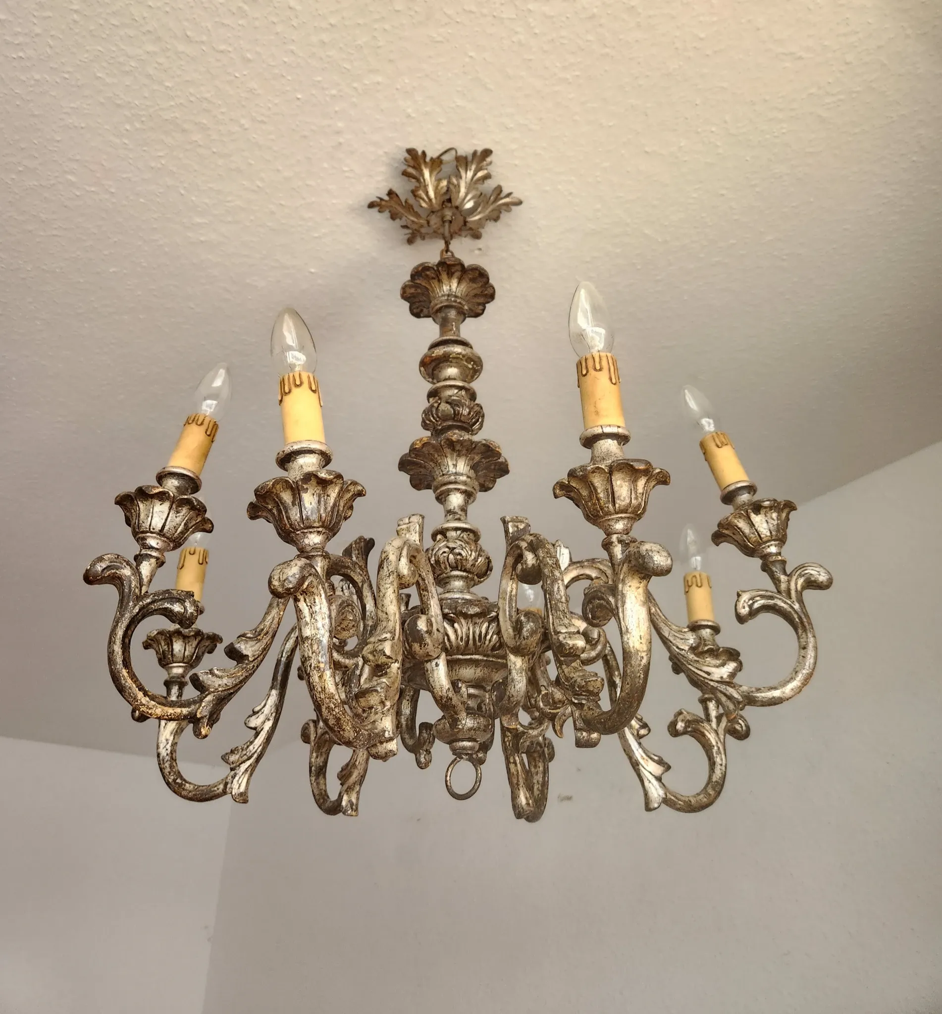 Xl Large Vintage Regency Mid Century Louis XV Baroque Rococo Hand Painted Carved Wood 8 Light Chandelier Floral, Italy, Florence 1920 1950
