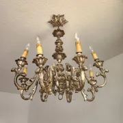 Xl Large Vintage Regency Mid Century Louis XV Baroque Rococo Hand Painted Carved Wood 8 Light Chandelier Floral, Italy, Florence 1920 1950