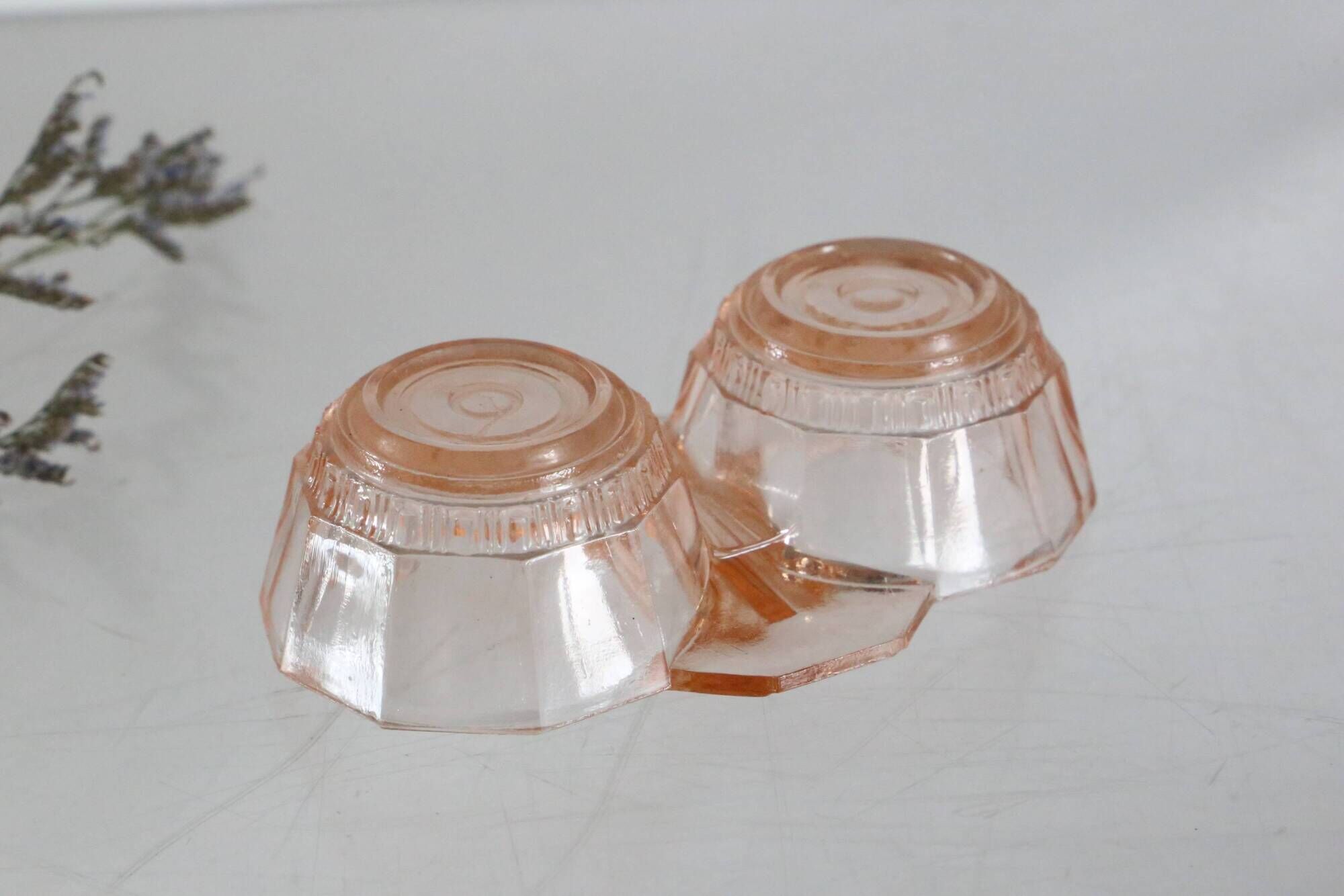 Salt and Pepper Set in pink glass, molded glass, vintage French, authentic