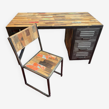 Desk with “SHOGUN” Locker chair in recycled Indonesian fishing boat wood and metal