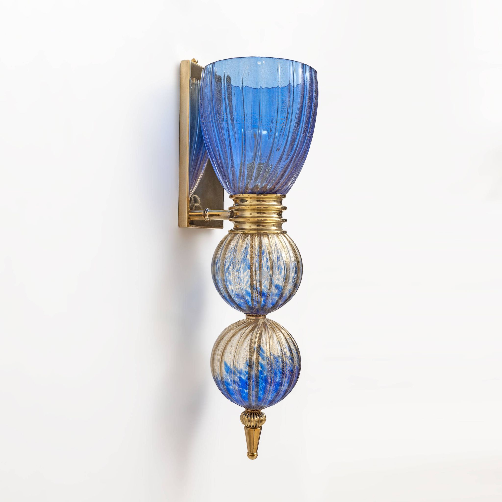 Pair of Murano Glass Blue Wall Sconces with Gold Dust Inclusions