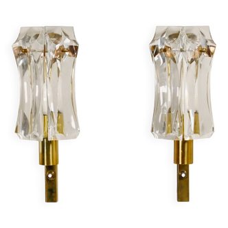 Set of vintage Danish Modern Brass and Glass Wall Sconces, 1970's