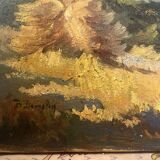 Oil on canvas rural landscape, village steeple and its countryside.