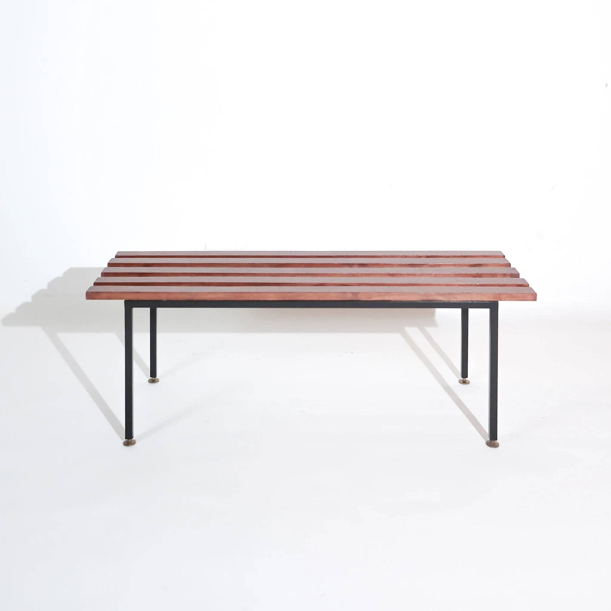 Vintage modernist Italian bench from the mid-century in slatted teak, black metal frame, Italy, 1960s.