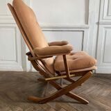 Folding armchair relax vintage wood and velvet with armrests - 70's