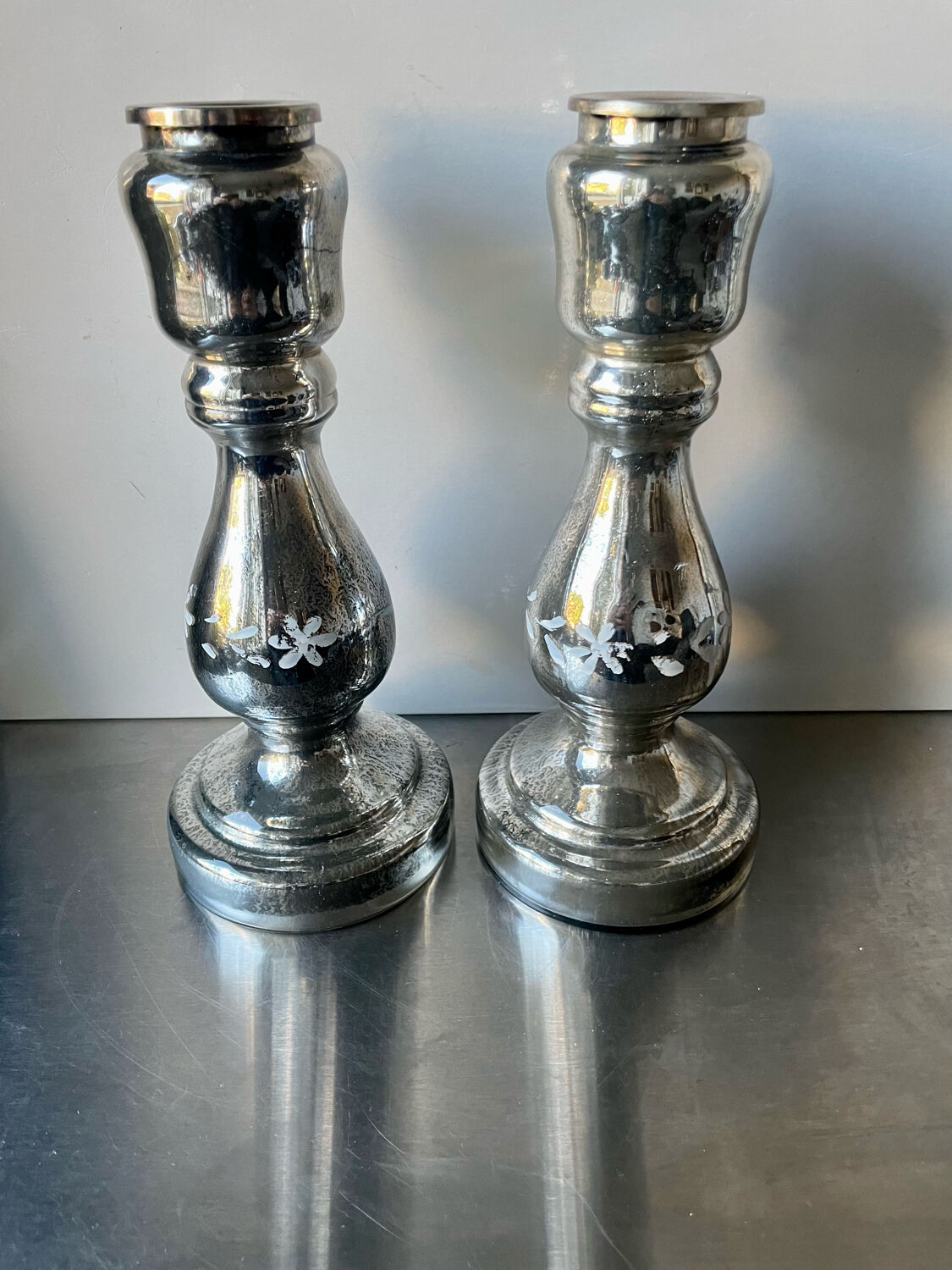 Pair of vintage mercury glass candleholders