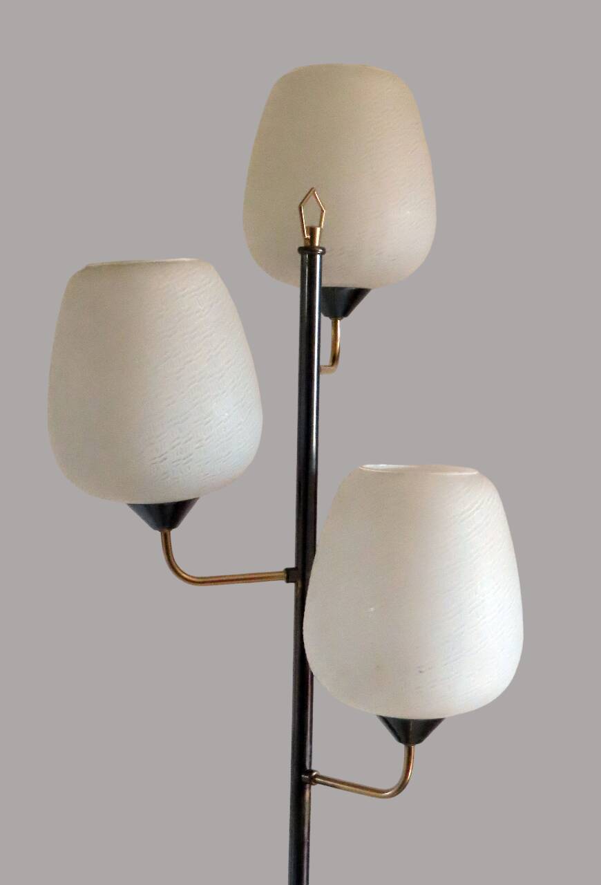 Vintage metal floor lamp with 3 lights and matt white opals