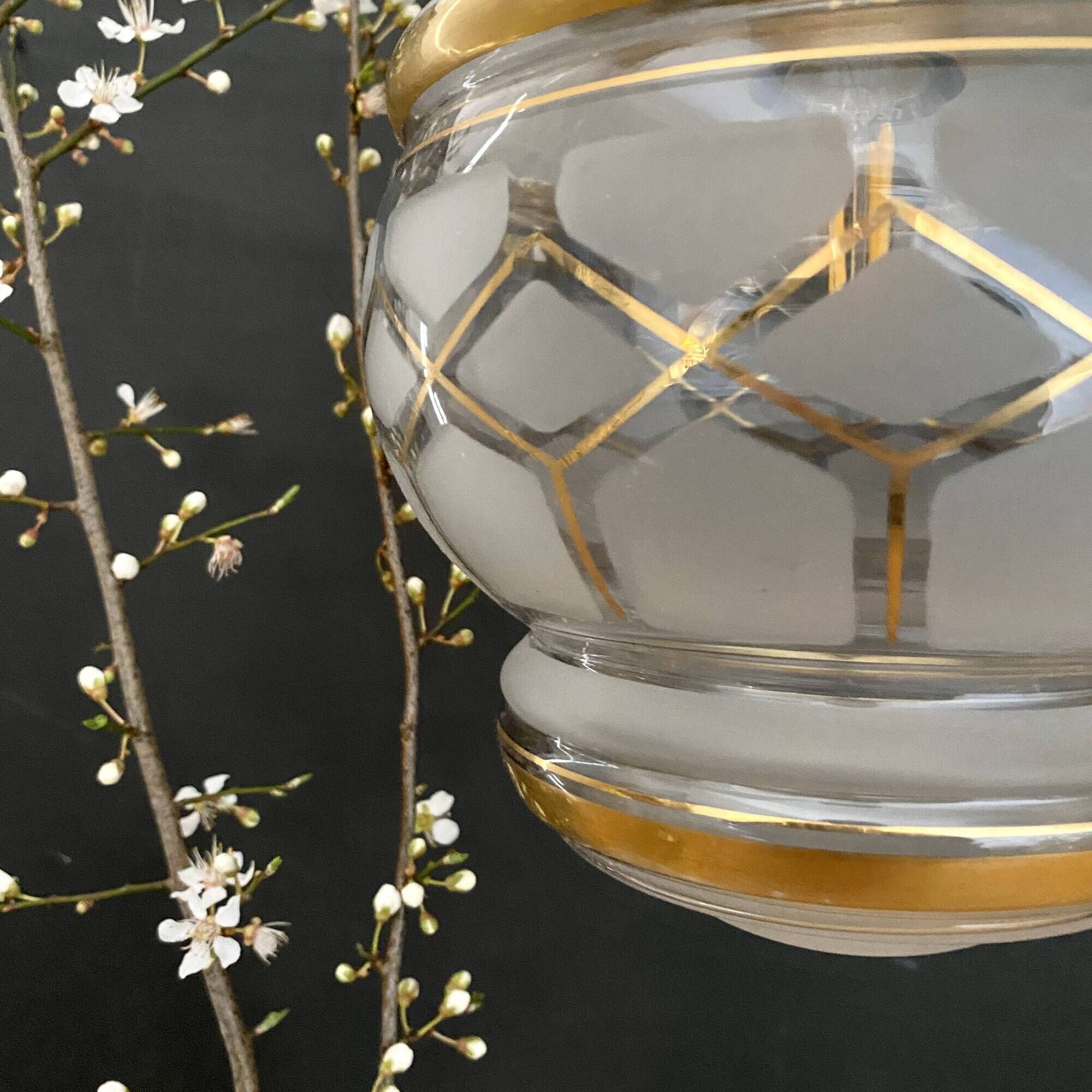 Vintage art deco globe pendant light in white and gold frosted glass