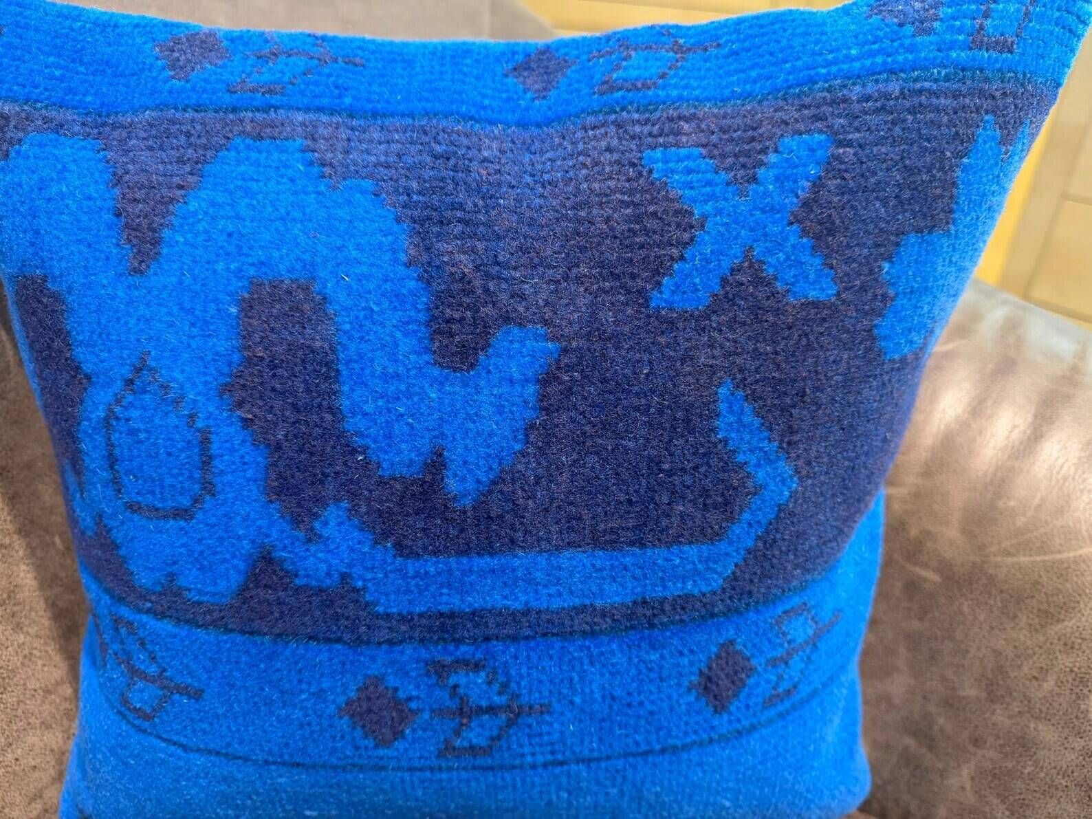 Asymmetric Blue Turkish Rug Pillow, 16x16 Square Wool Cushion Cover