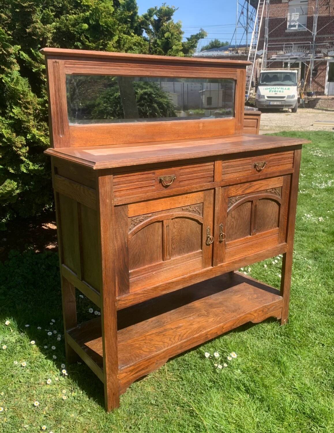 Antique solid wood sideboard with mirror — Art Nouveau style