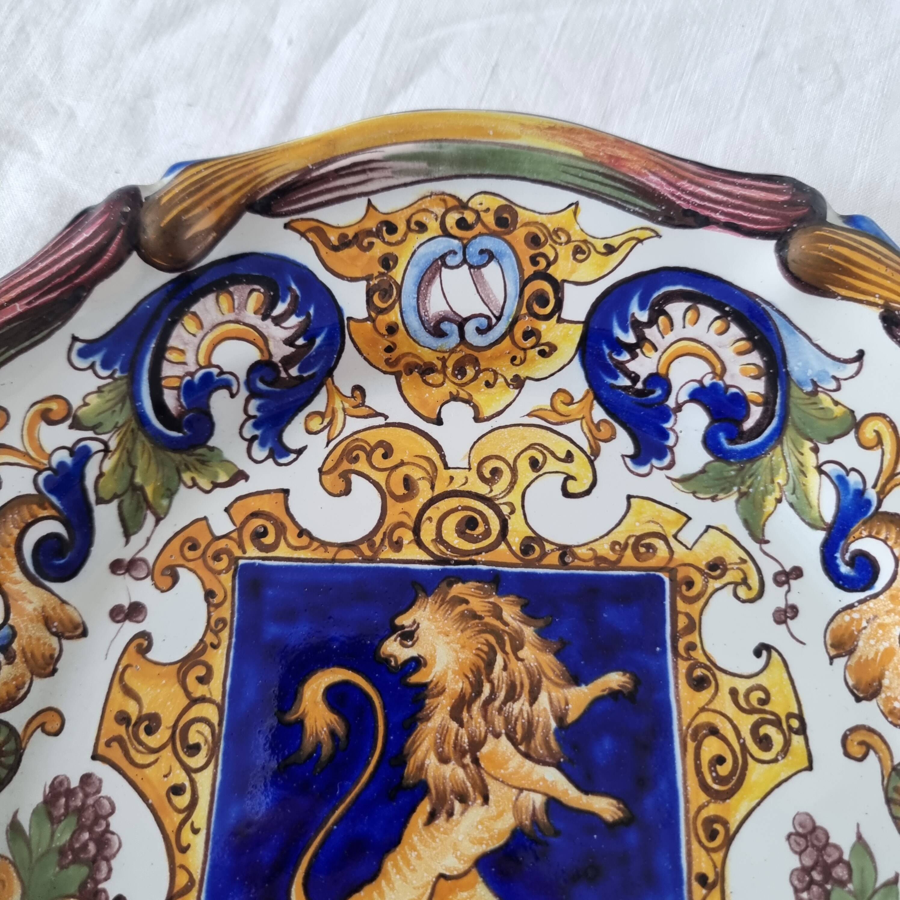 Magnificent antique French earthenware plate with shields signed Keller