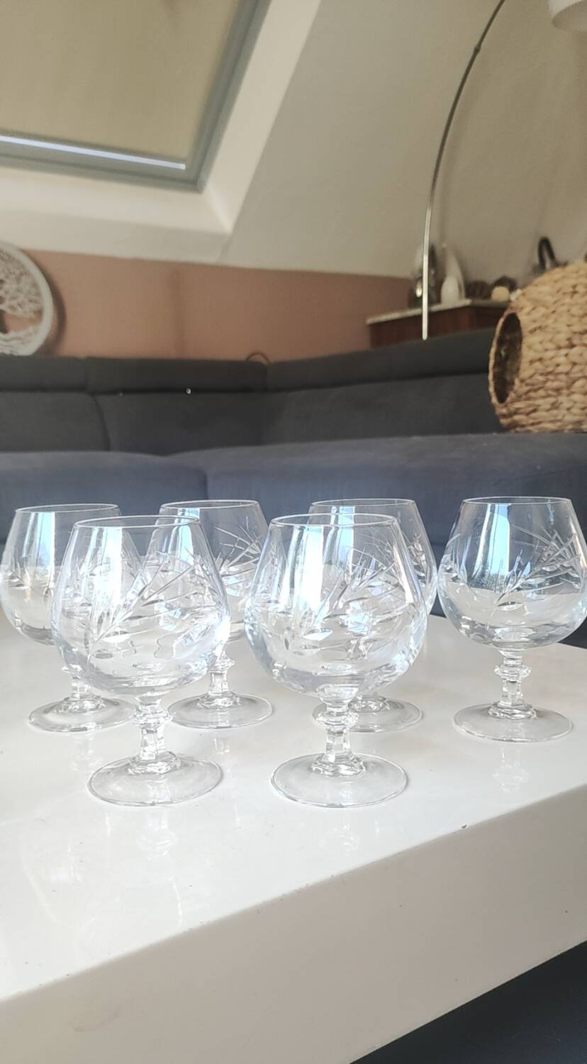 Lot 6 Verres Cognac/Cristal Arques. Model Fleury engraved with Wheat Ears.