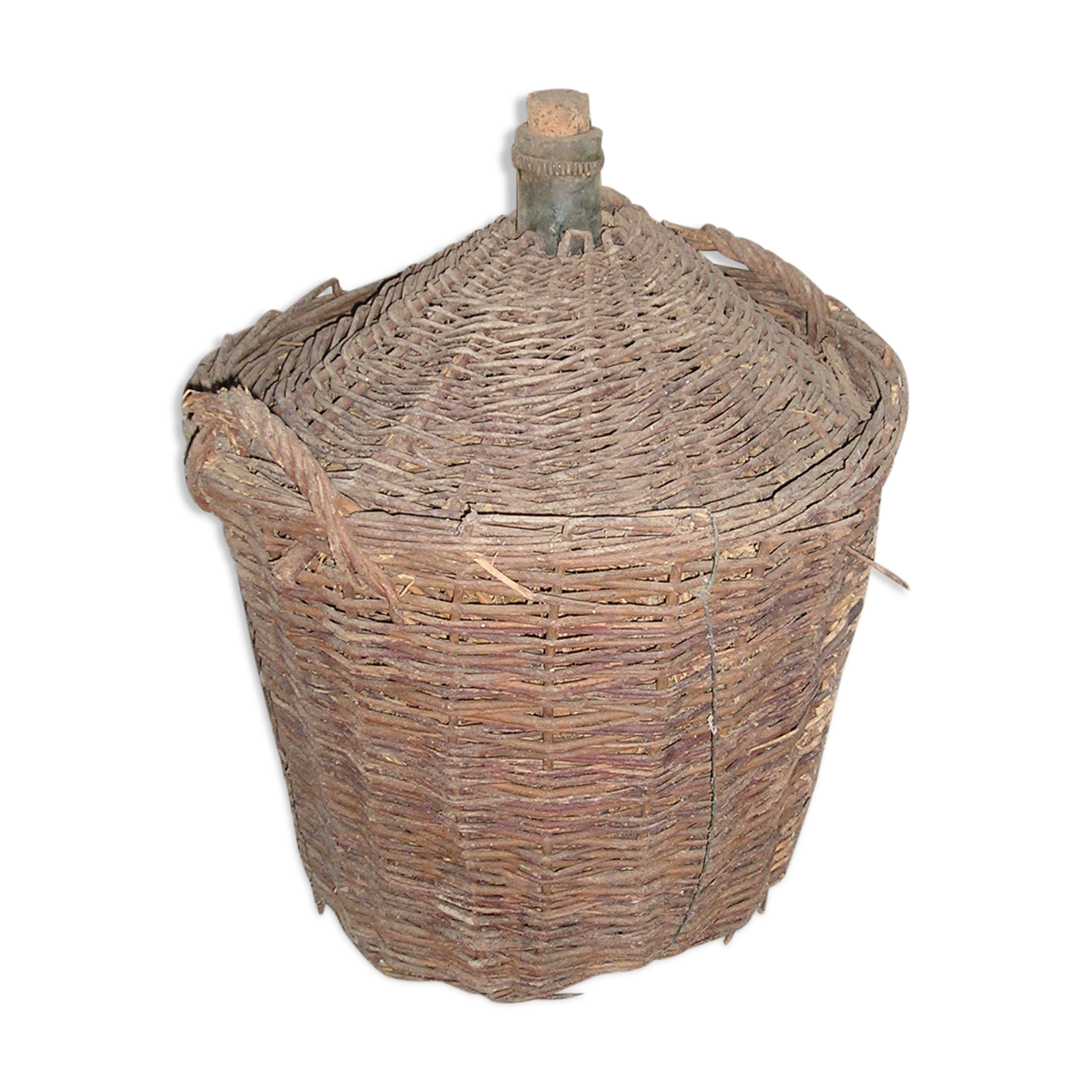 Old glass in her wicker basket demijohn