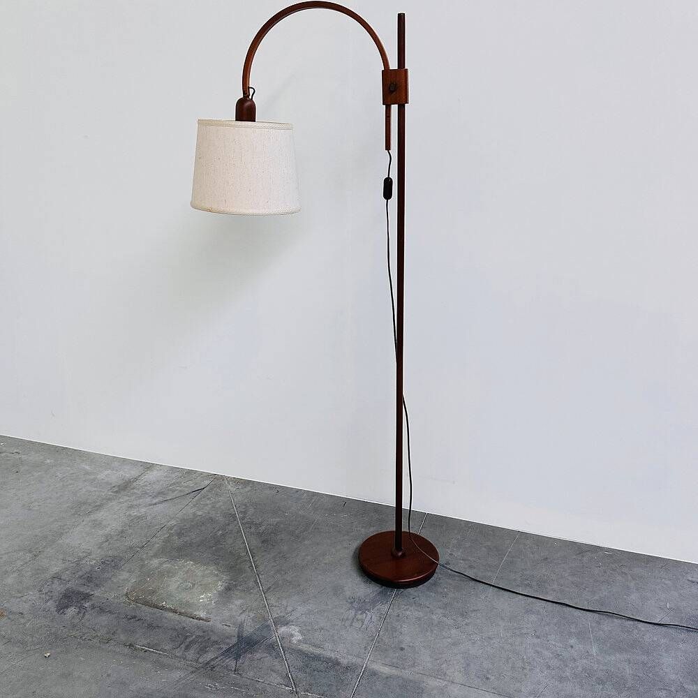 Mid-century modern adjustable teak arc floor lamp with fabric shade, 1960s