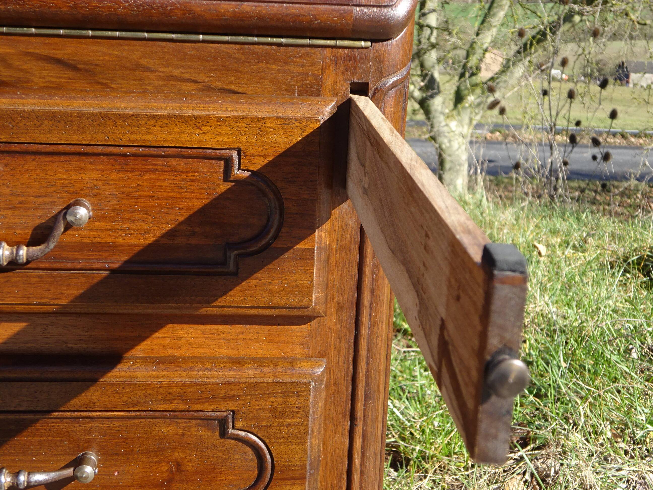 3-in-1 furniture: chest of drawers, secretary, and display cabinet, in walnut.