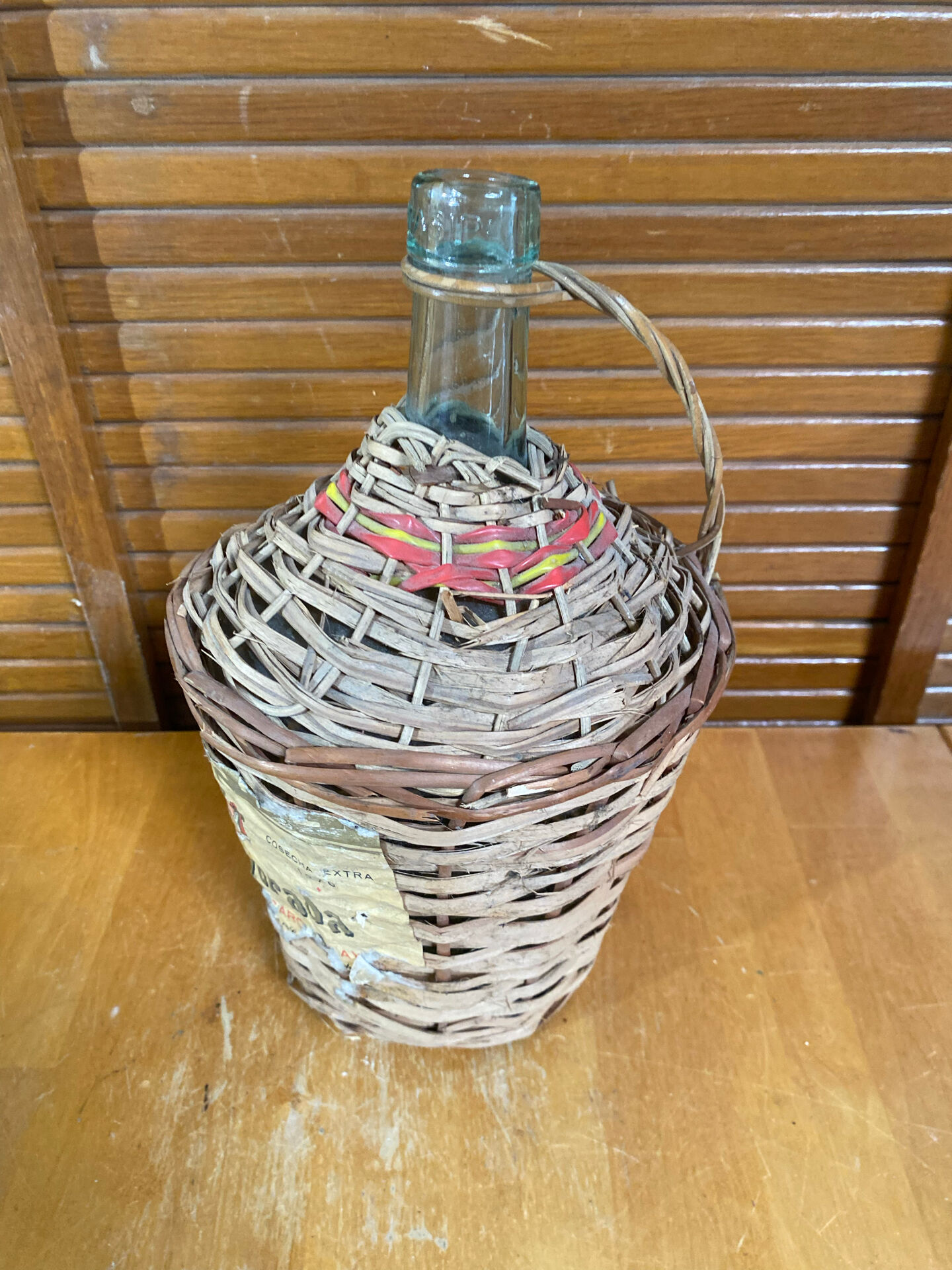 Old Dame Jeanne Bottle Glass + Woven Rattan Vintage #E527