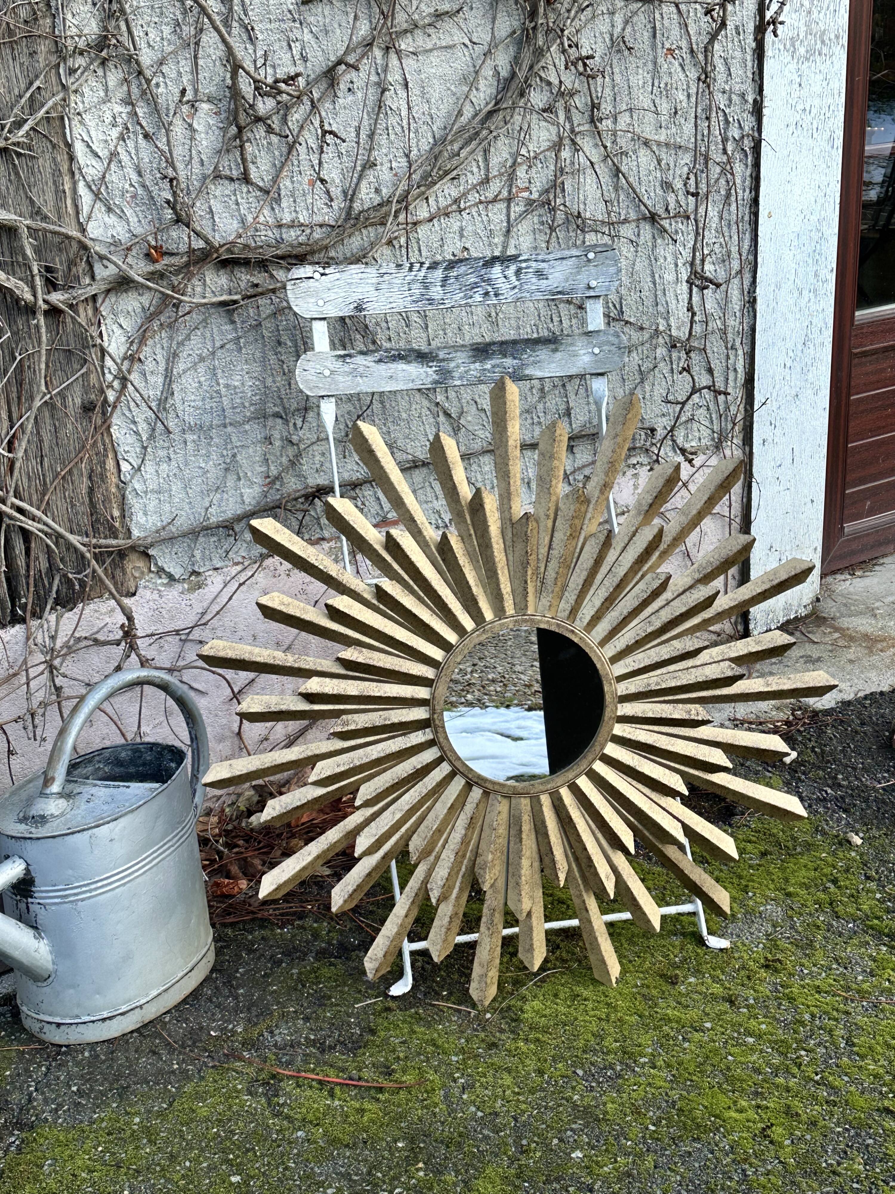 Sun mirror in patinated gold metal from the 2000s Diam 76 cm