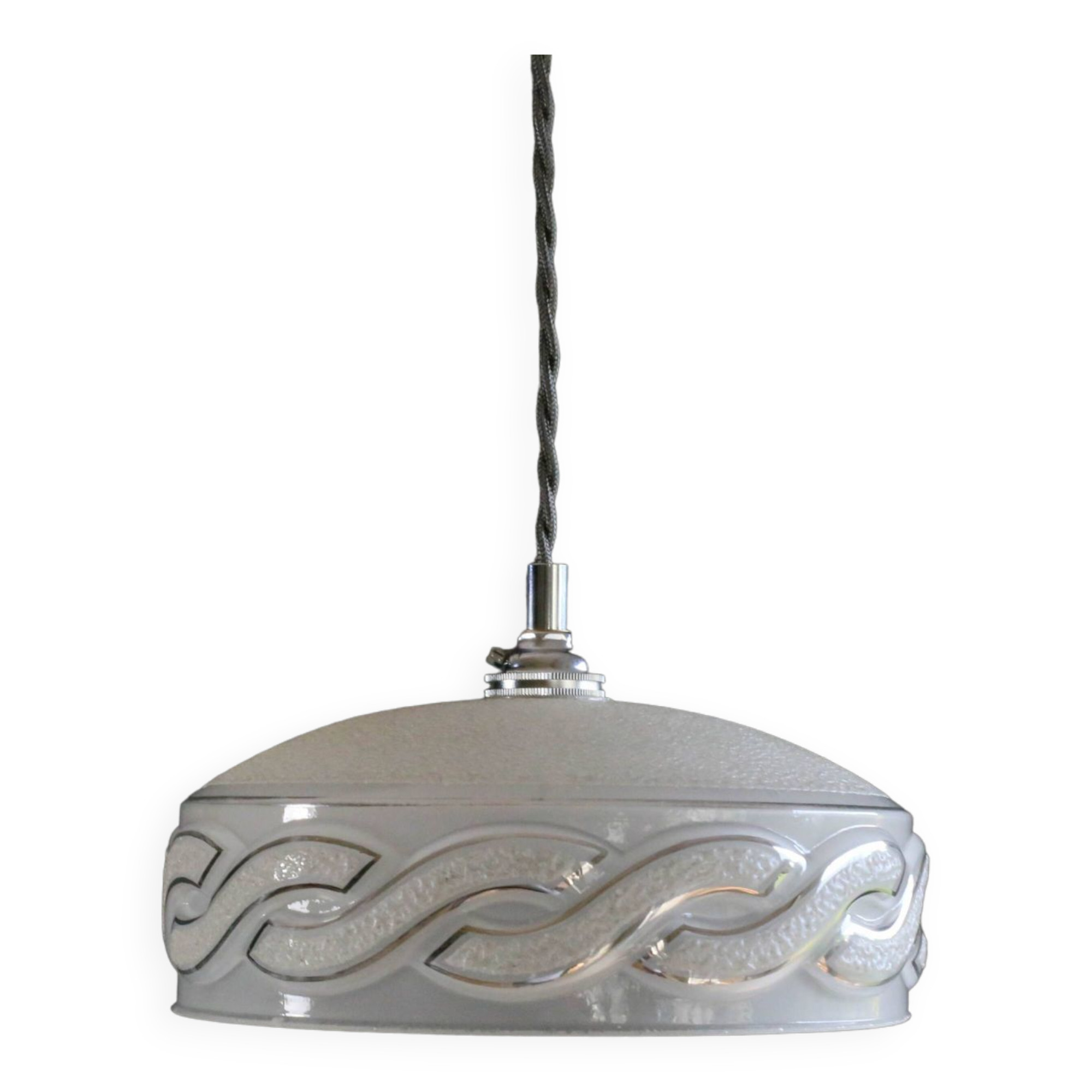 Antique pendant light in translucent grey clichy glass, molded - supplied with chrome socket