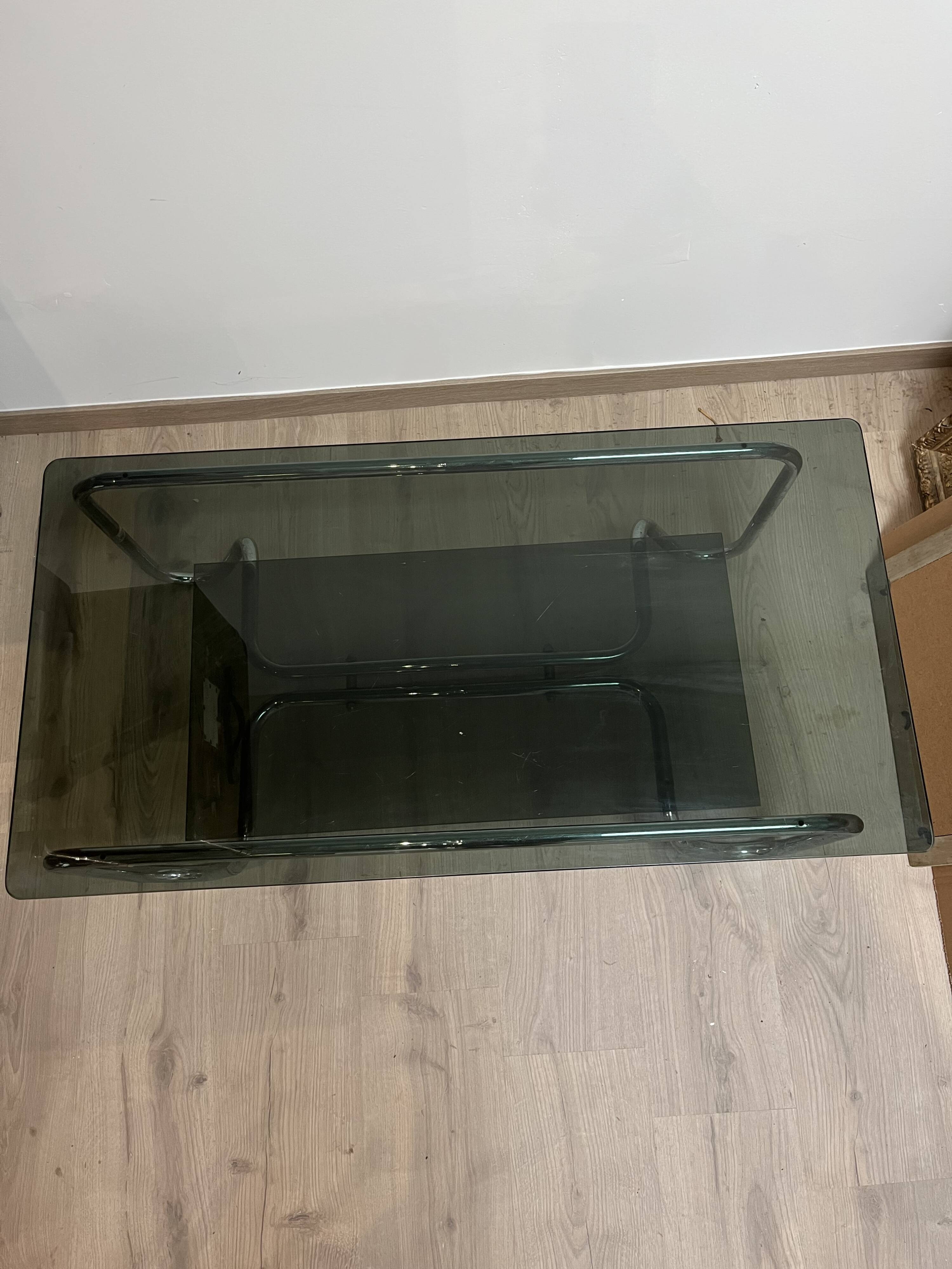 Coffee table in chrome metal and smoked glass design from the 70s