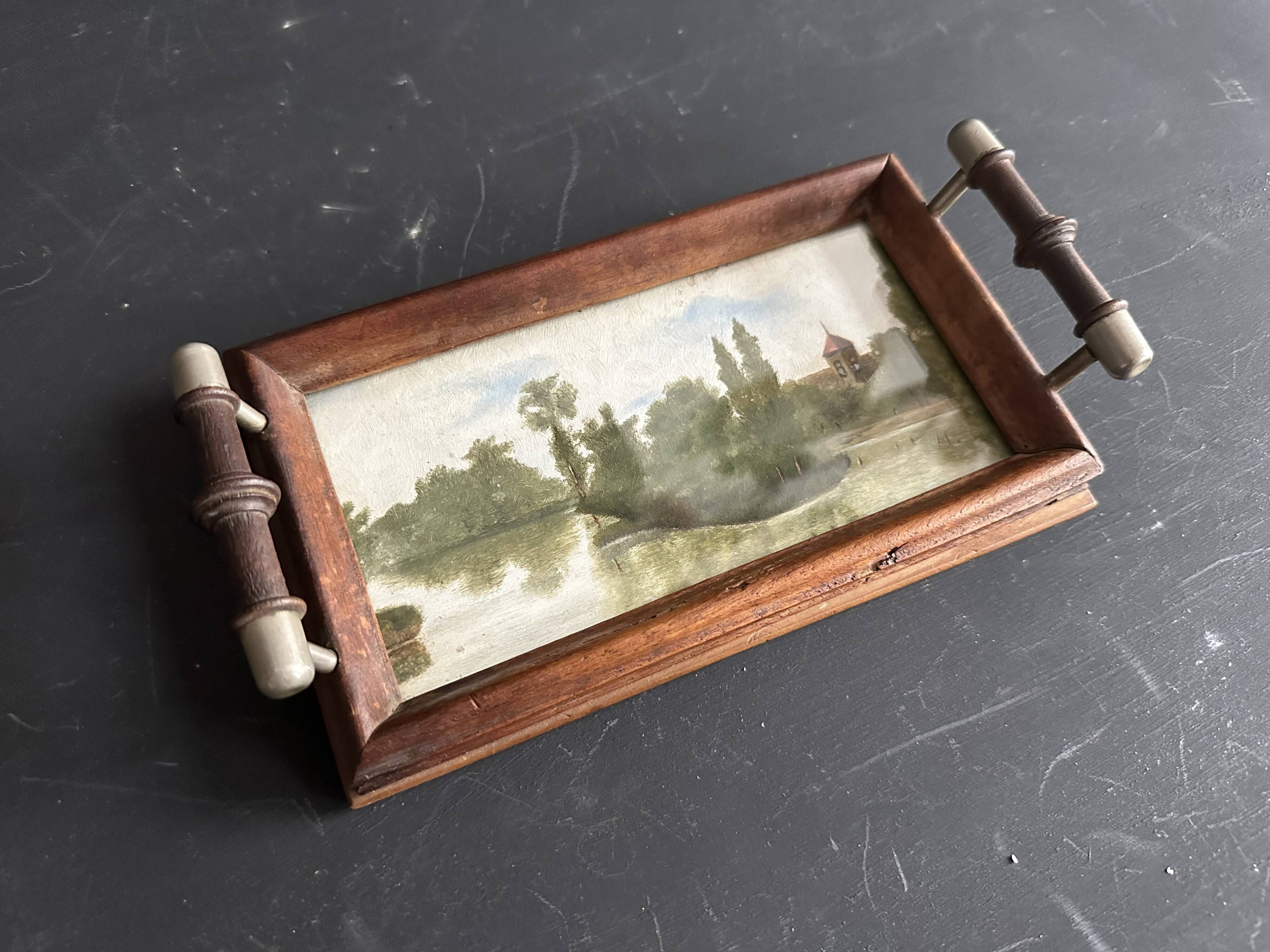 Antique miniature plateau, oil painting, turned wood and brass.