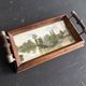 Antique miniature plateau, oil painting, turned wood and brass.