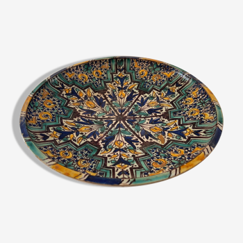 Morocco Ghotar Fez XVIIIth Polychrome earthenware blue, yellow, brown, green on a white background. 32.5 cm