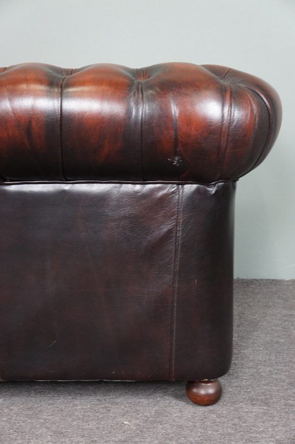 Chesterfield sofa in patinated orange leather, 2.5 seats