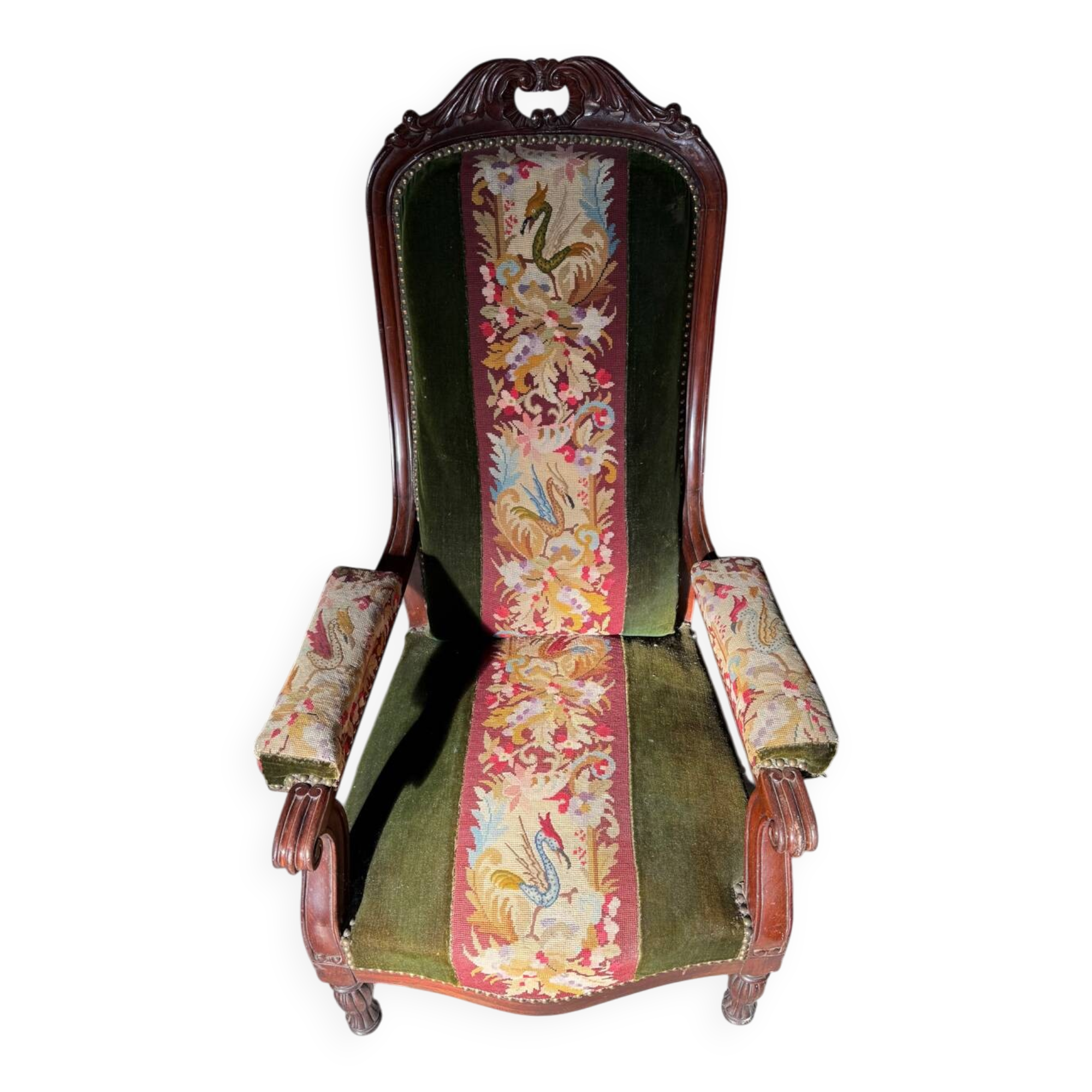 Antique mahogany wood upholstery armchair