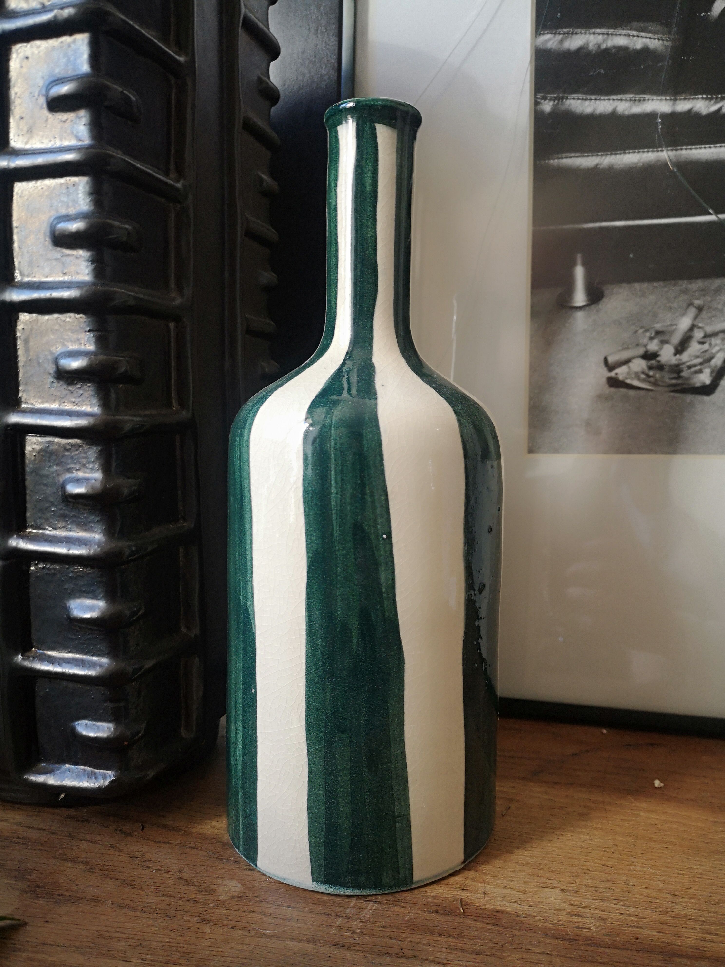 Enamelled ceramic vase, striped graphic design