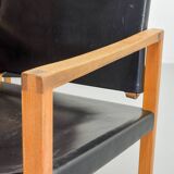 Brutalist Nordic Scandinavian Solid Oakwood and Black Leather Armchairs 60s