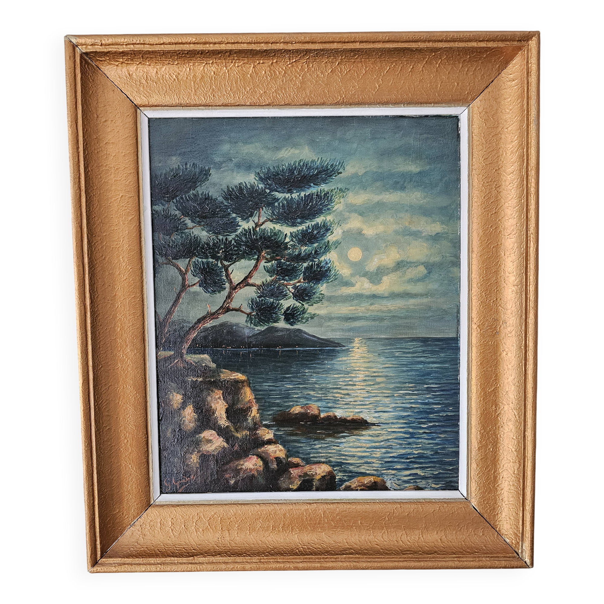 Oil on Panel - Marine Mediterranean Landscape at Night G Goudon