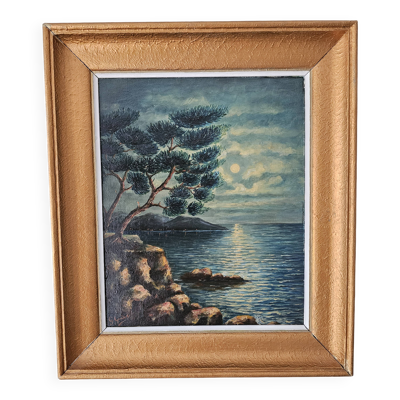 Tableau Huile sur Panneau - Marine paysage méditérranéen nocturne G Goudon