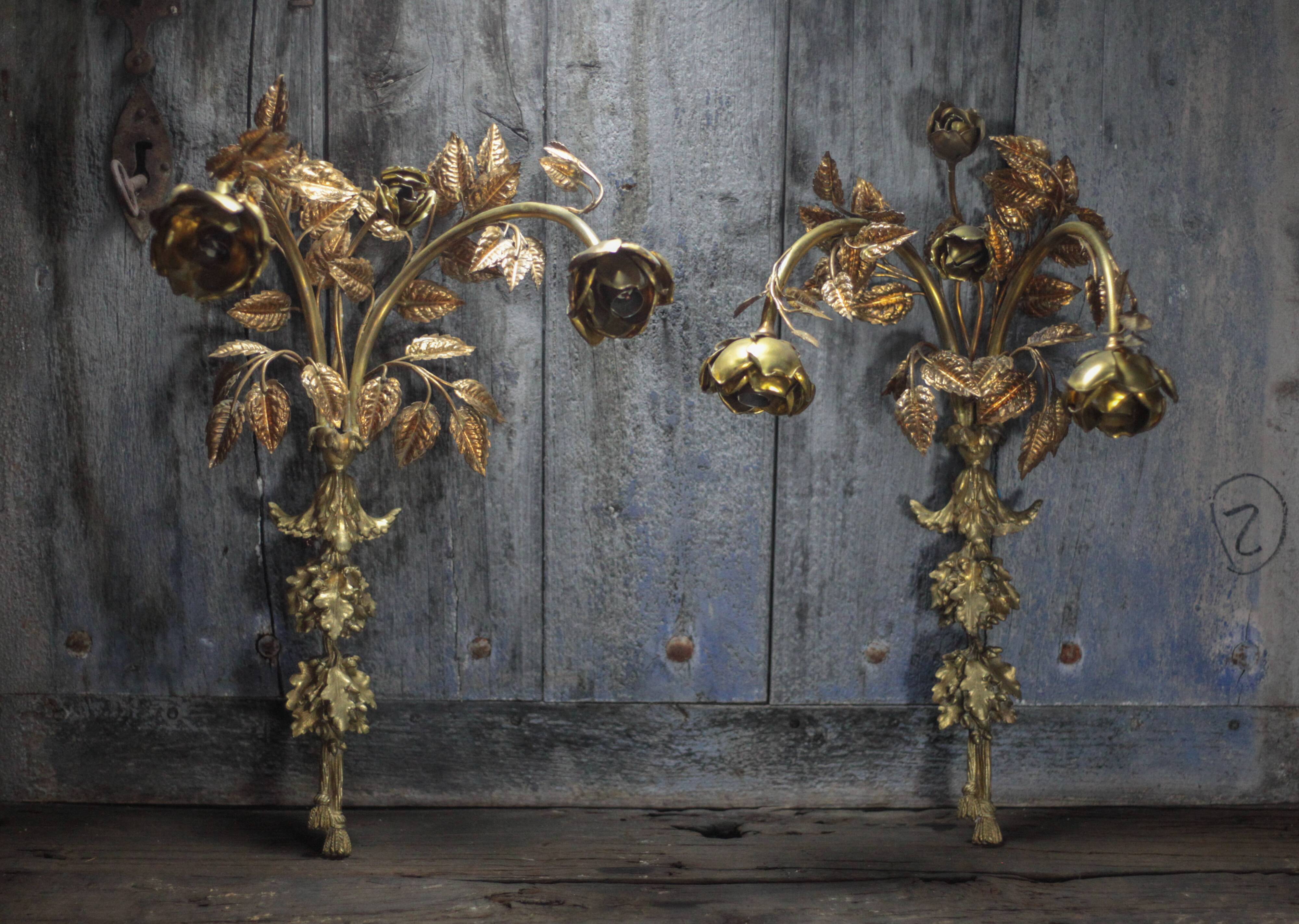 Pair of bronze and gold metal floral wall sconces, flower wall lamp.
