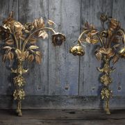 Pair of bronze and gold metal floral wall sconces, flower wall lamp.