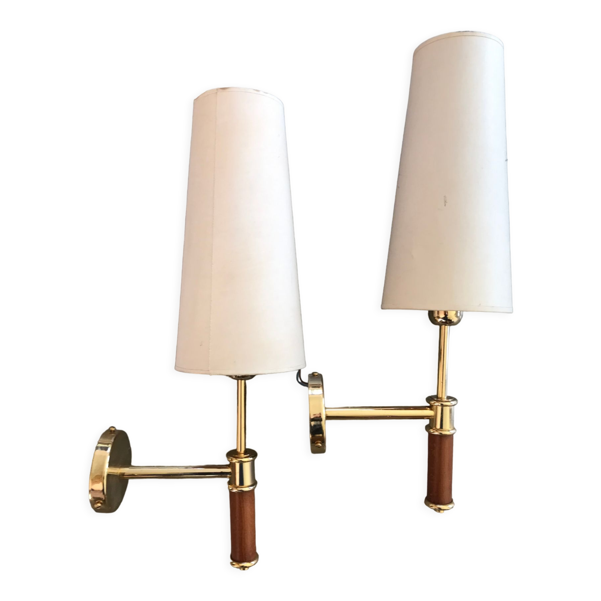 Pair of modernist sconces in wood and gilded metal.