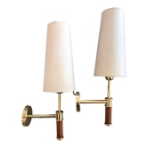 Pair of modernist sconces in wood and gilded metal.