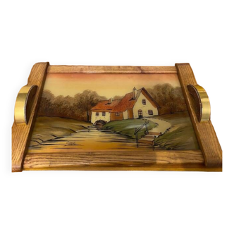 Plateau de service en bois peint motif moulin a eau, signe dope