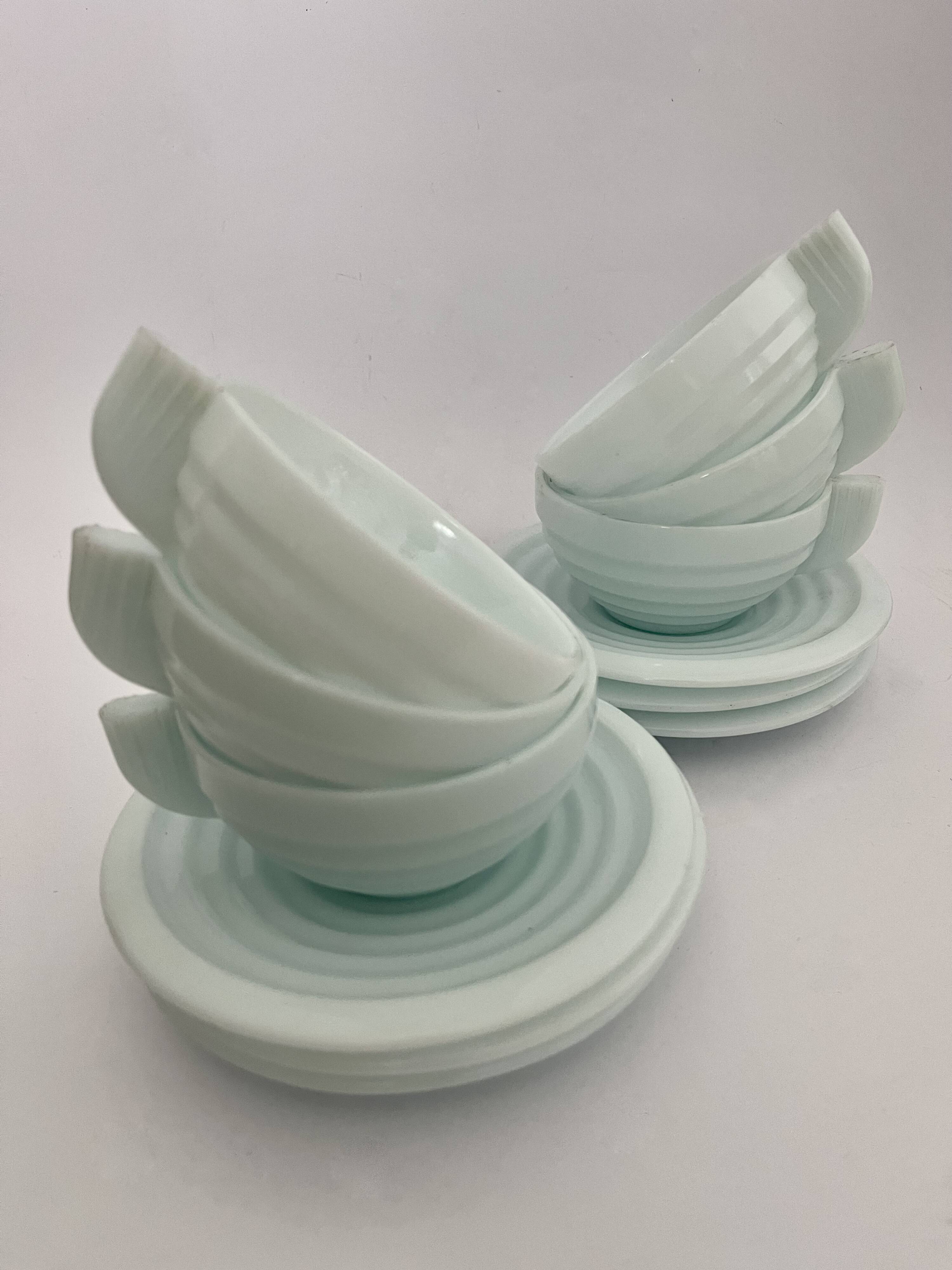 Set of 6 opaline Art Deco cups and 6 saucers.