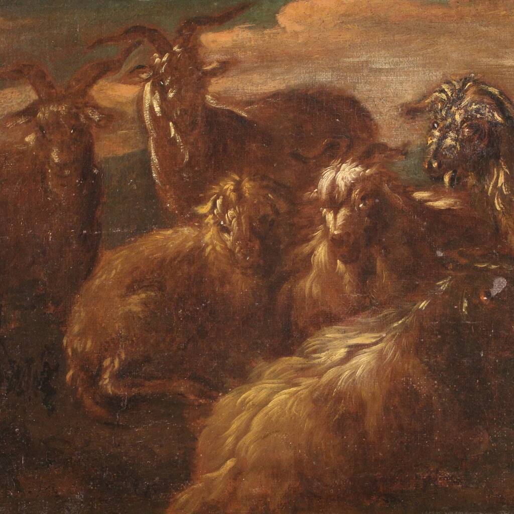 Peinture ancienne paysage avec des chèvres du XVIIe siècle