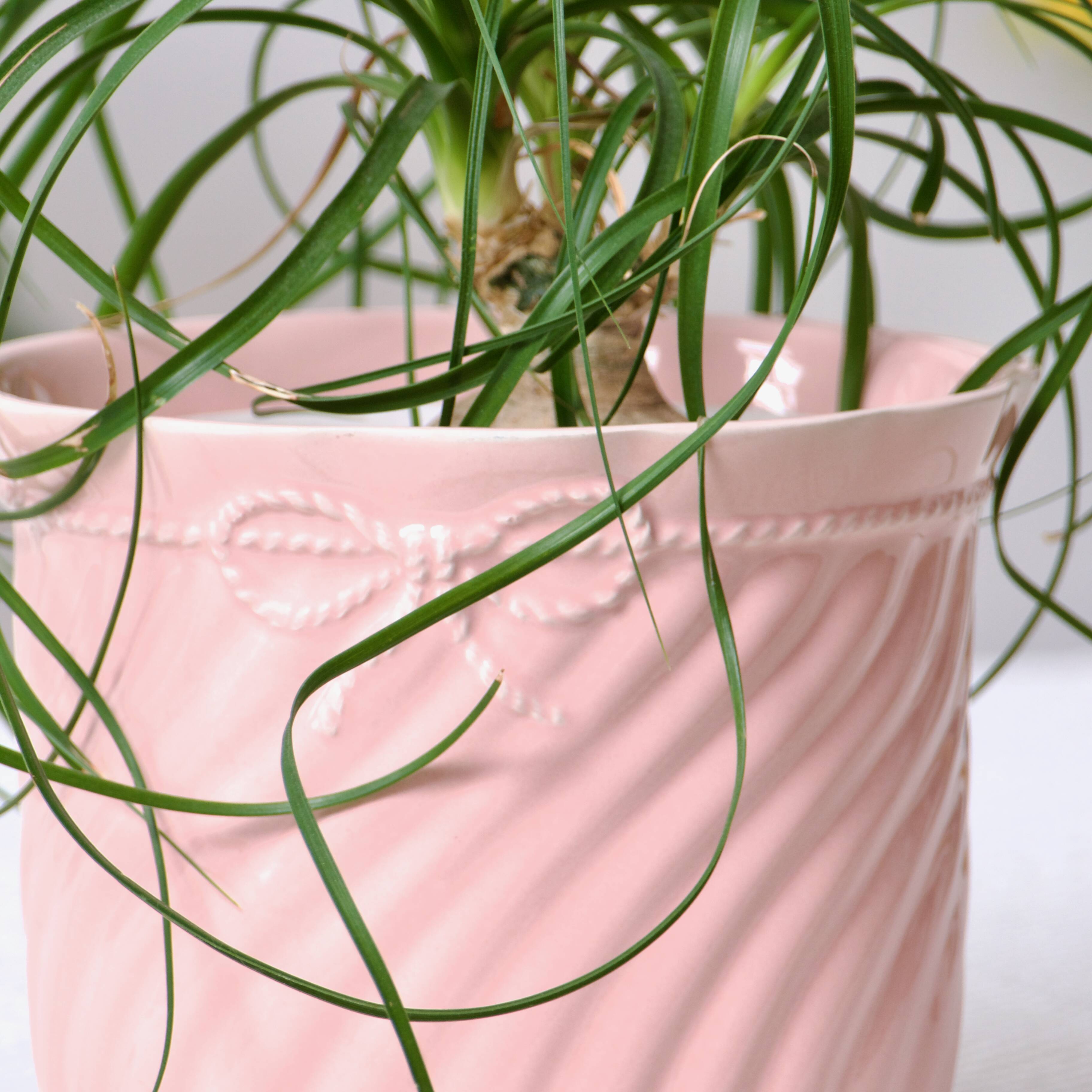 Large vintage pot holder in pink ceramic relief rope