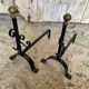 Paire de Chenets Cheminée Fer Forgé Volutes + Têtes Boule Laiton Vinta