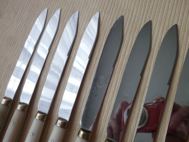 Set of 12 vintage stainless steel bakelite and brass table knives