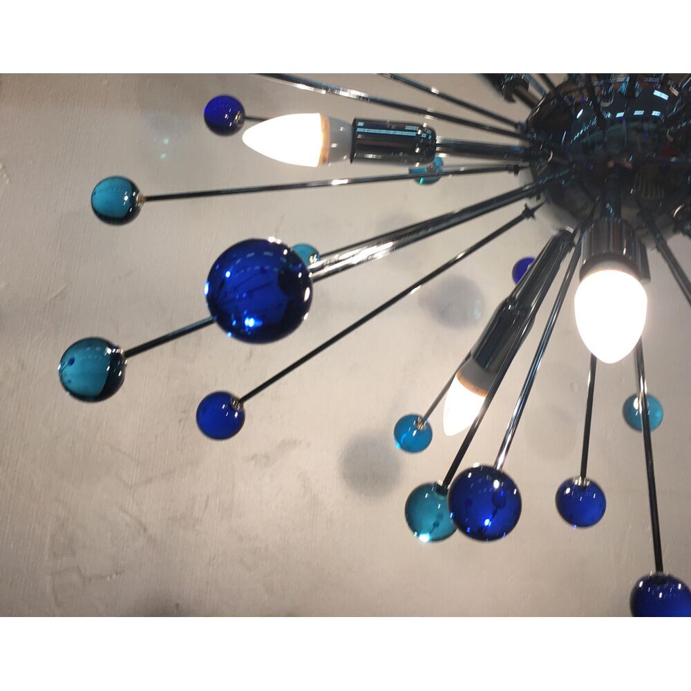 Light-blue and dark-blue “star” murano glass oval sputnik chandelier